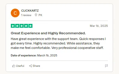 Review card screenshot for Muhammad Kamran Jillani praising TheHoster.pk's cooperative support team