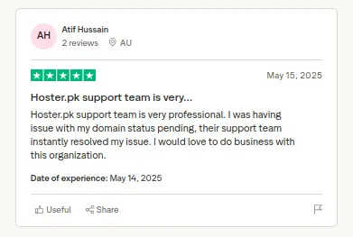 Review card screenshot for Atif Hussain noting instant domain issue resolution by TheHoster.pk