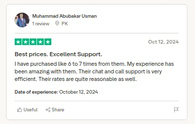 Review card screenshot for Mohammad Abubakar Usman praising TheHoster.pk pricing and support